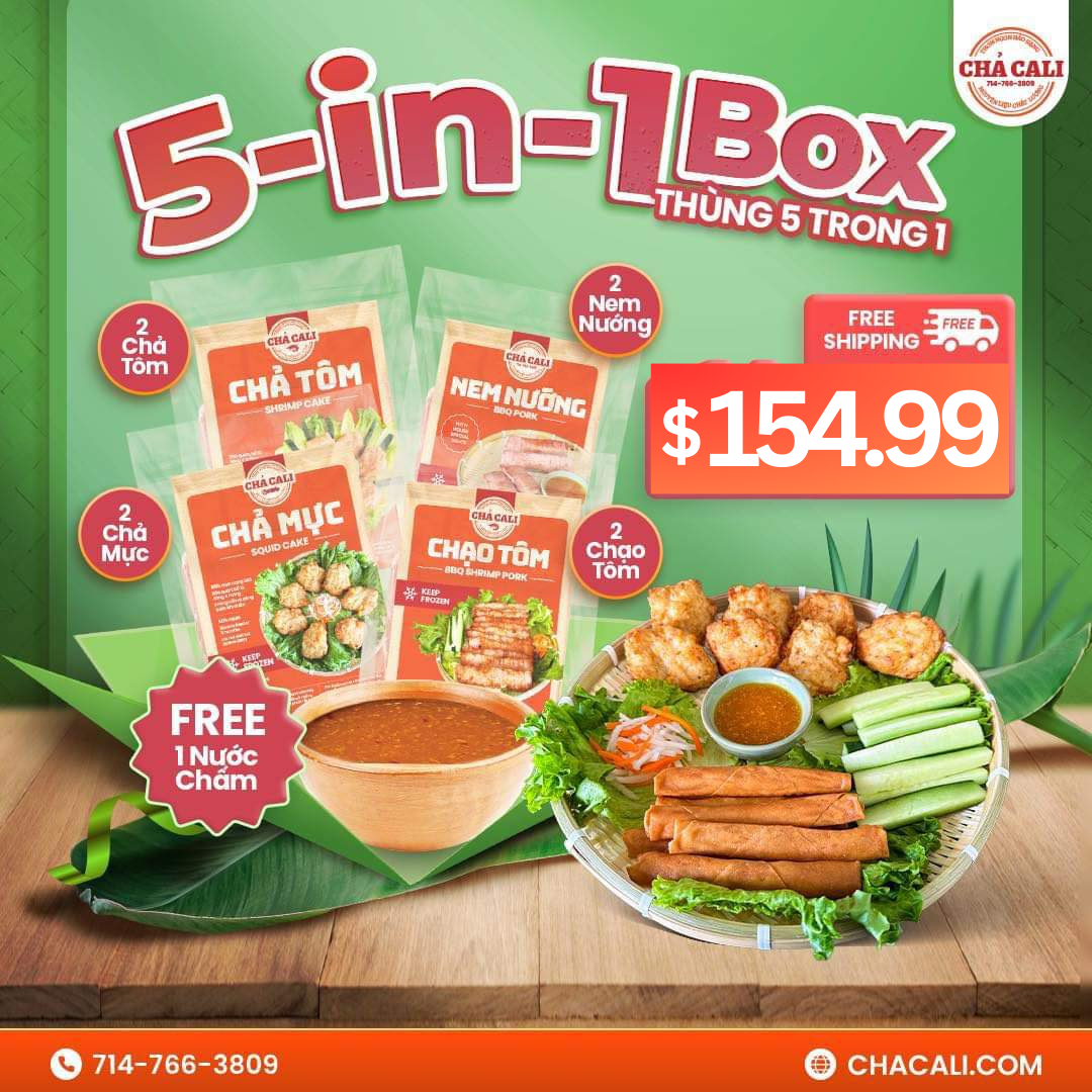 THÙNG 5 TRONG 1 (5-IN-1 BOX) (2ChảMực 2 ChảTôm 2ChạoTôm 2NemNuong & Free 1SAUCE)