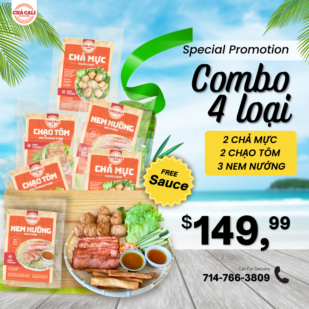 COMBO 4 LOẠI (2ChảMực 2ChạoTôm 3Nem & Free 1 Sauce)