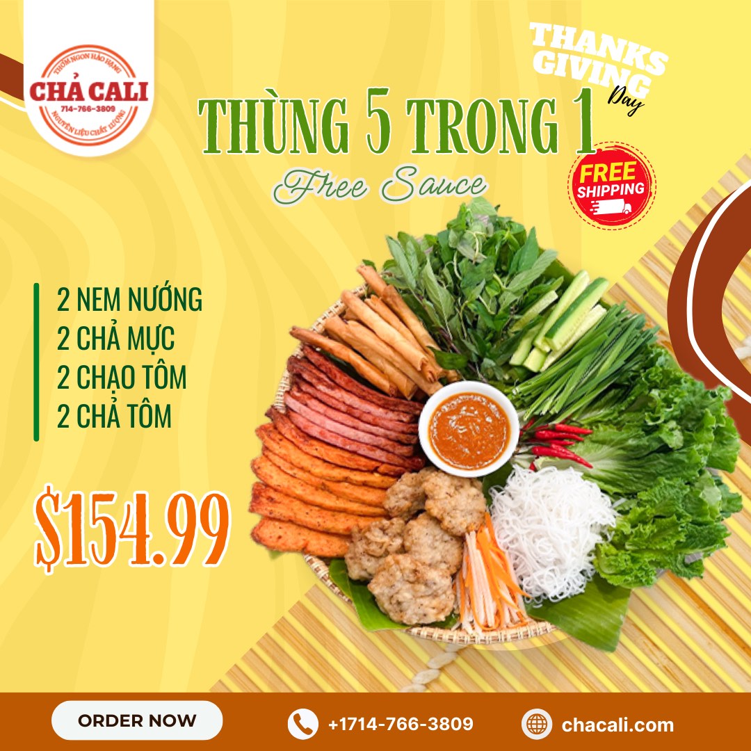 THÙNG 5 TRONG 1 (5-IN-1 BOX) (2ChảMực 2 ChảTôm 2ChạoTôm 2NemNuong & Free 1SAUCE)