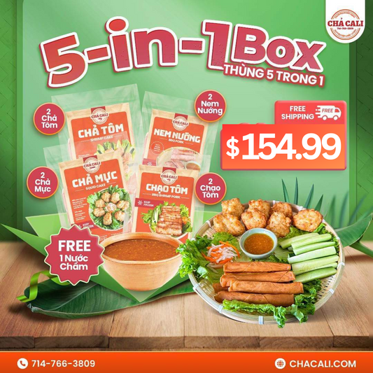 THÙNG 5 TRONG 1 (5-IN-1 BOX) (2ChảMực 2 ChảTôm 2ChạoTôm 2NemNuong  & Free 1SAUCE)